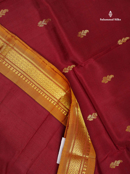 One Side Border Pure Silk Saree - Maroon Colour Small Zari Butta With Contrast Mustard Yellow Traditional Border