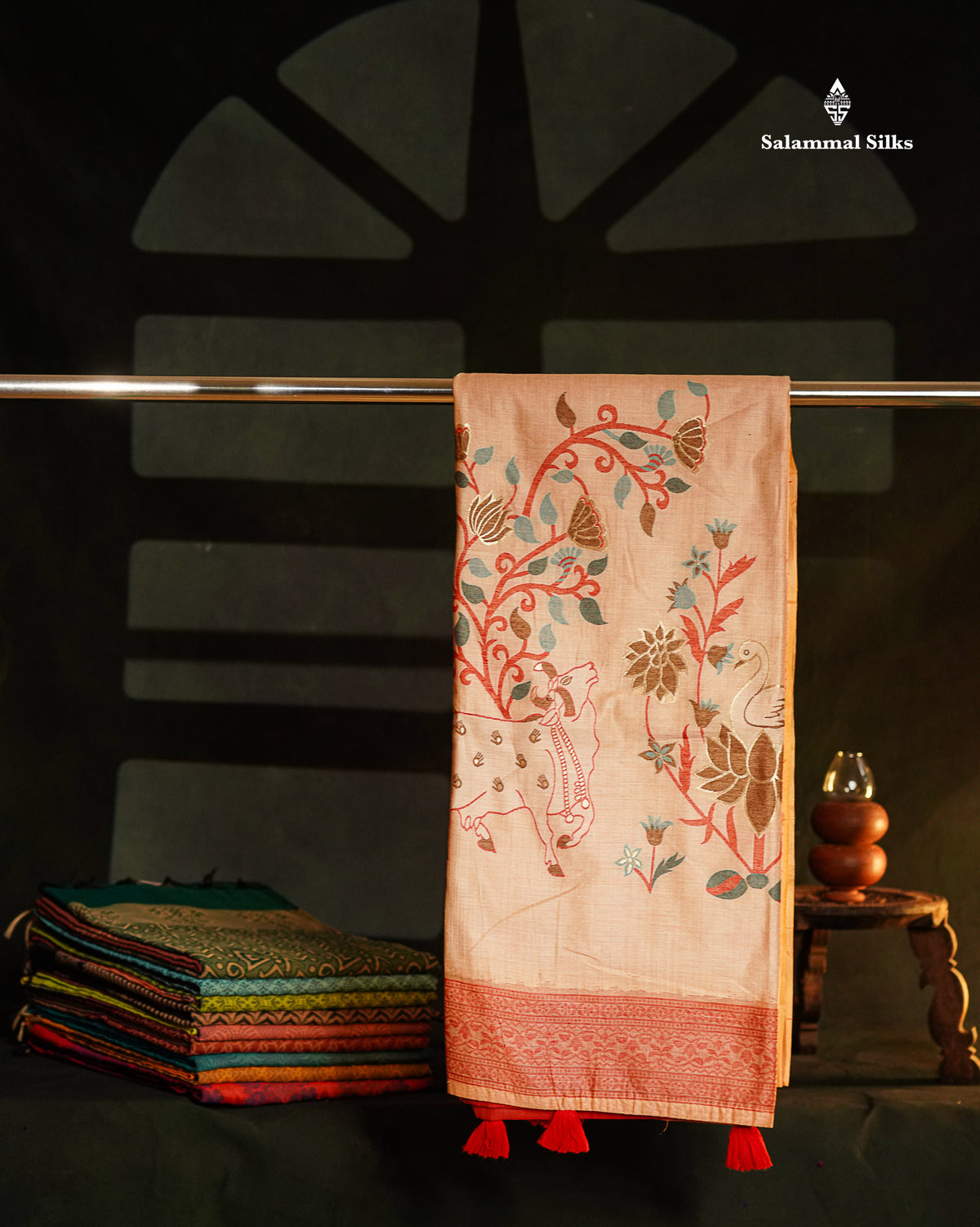 Beautiful Light Pink Thread Work Butta Muga Cotton Saree With Contrast Pink Blouse