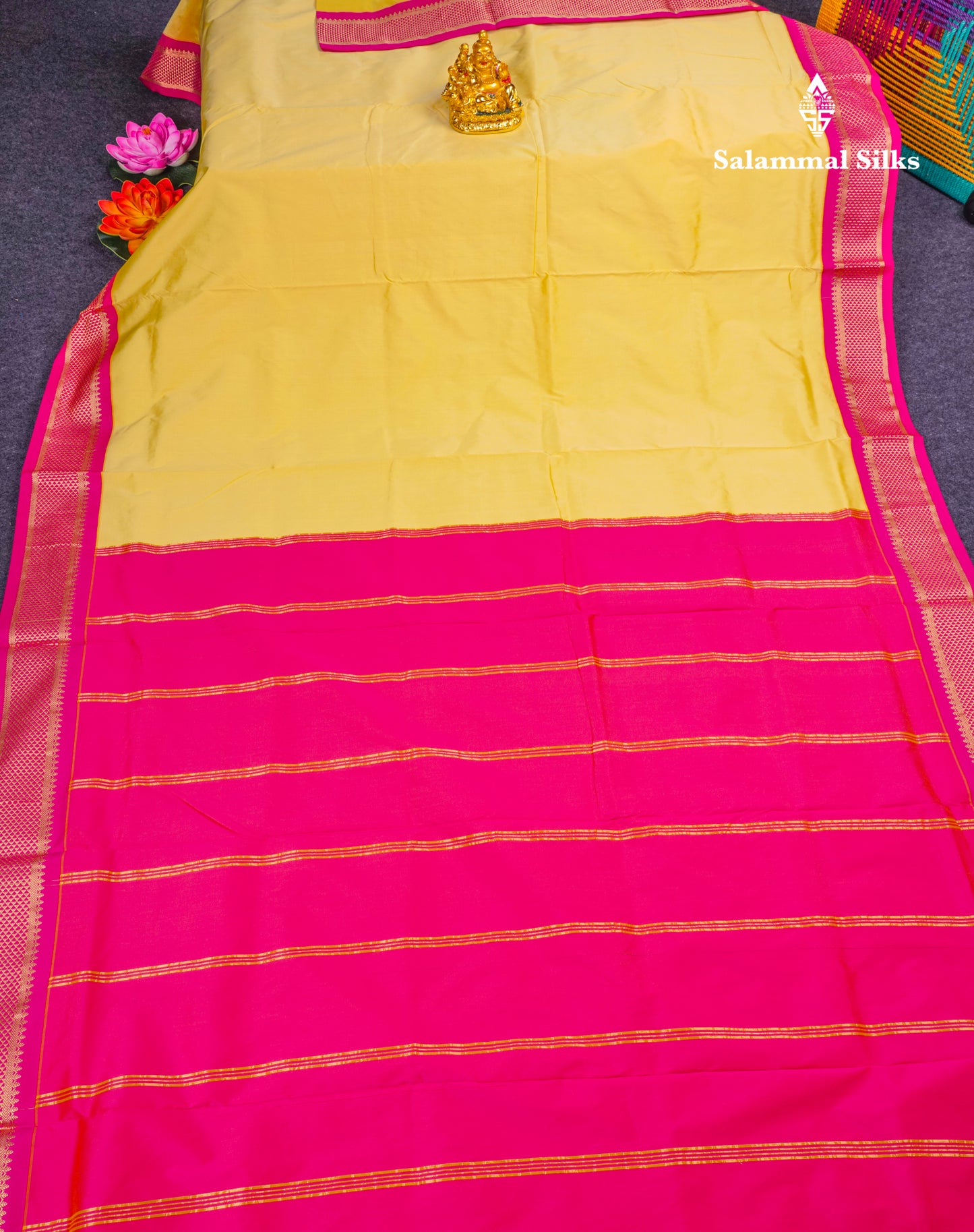 9 Yards Semi Silk Saree Lemon Yellow with Contrast Pink Border