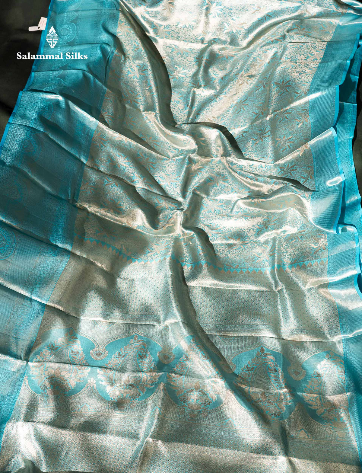 Beautiful Silver Tissue Bridal Pure Kanjivaram Silk Saree With Ccontrast Sky Blue Traditional Evening Morning Border