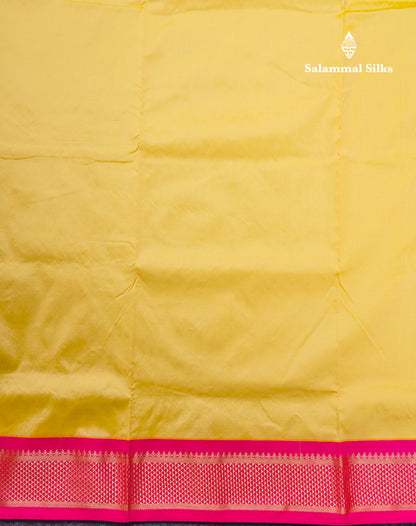 9 Yards Semi Silk Saree Lemon Yellow with Contrast Pink Border