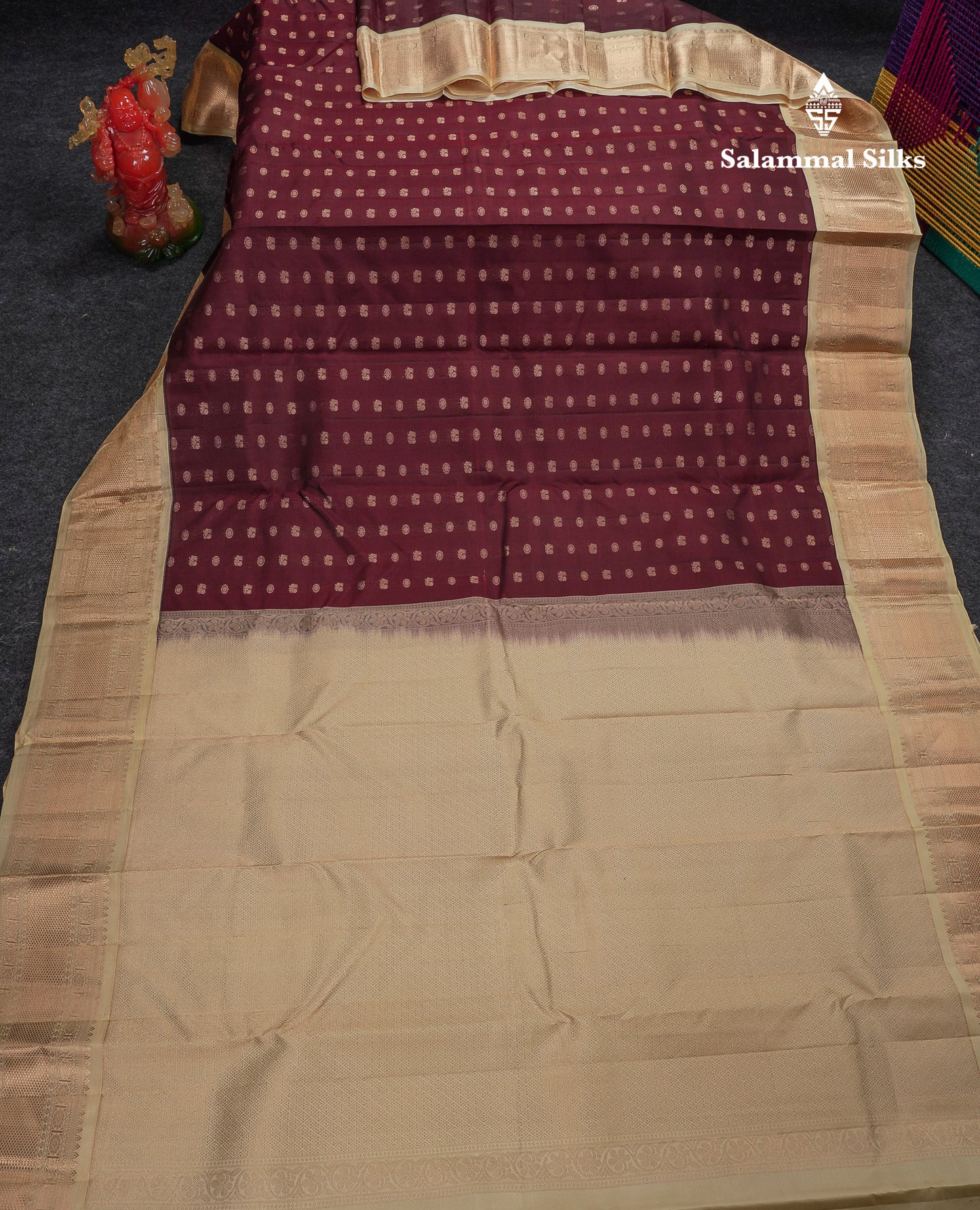 Beautiful Dark Maroon Chakaram  & Peacock Butta Pure Kanjivaram Silk Saree With Contrast Sandal Traditional Border