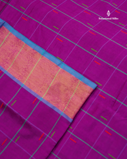 Semi Silk Cotton Saree - Magenta Pink Colour Body Checks With Thread Butta & Tissue Border