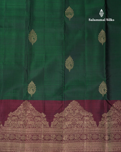 Beautiful Bottle Green Pure Kanjivaram Silk Saree With Contrast Dark Brown Traditional Evening Morning Border