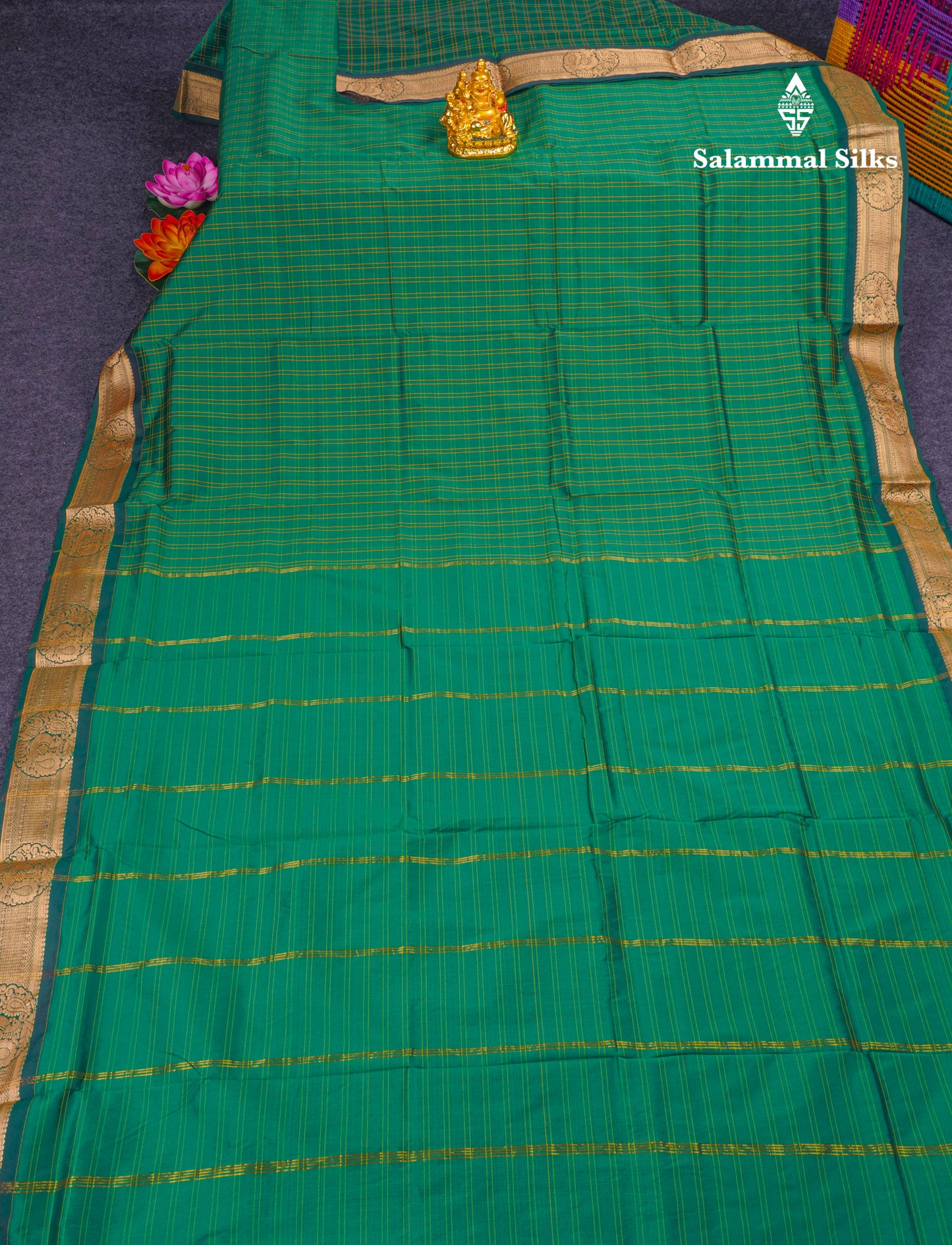 9 Yards Semi Silk Saree Peacock Green with Bottle Green Border