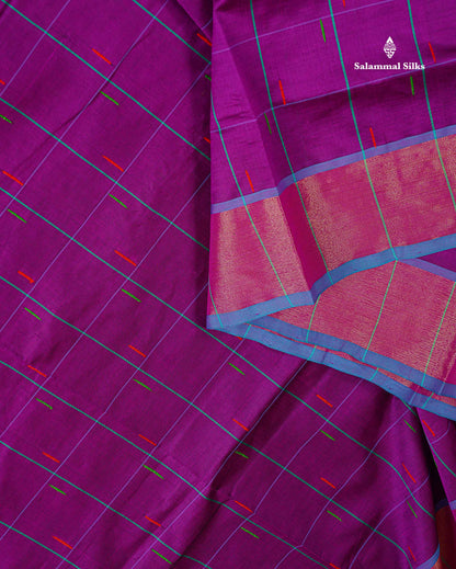 Semi Silk Cotton Saree - Magenta Pink Colour Body Checks With Thread Butta & Tissue Border