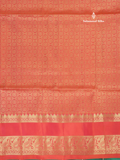 Beautiful Bottle Green Pure Kanjivaram Soft Silk Saree With Contrast Pinkish Orange Border