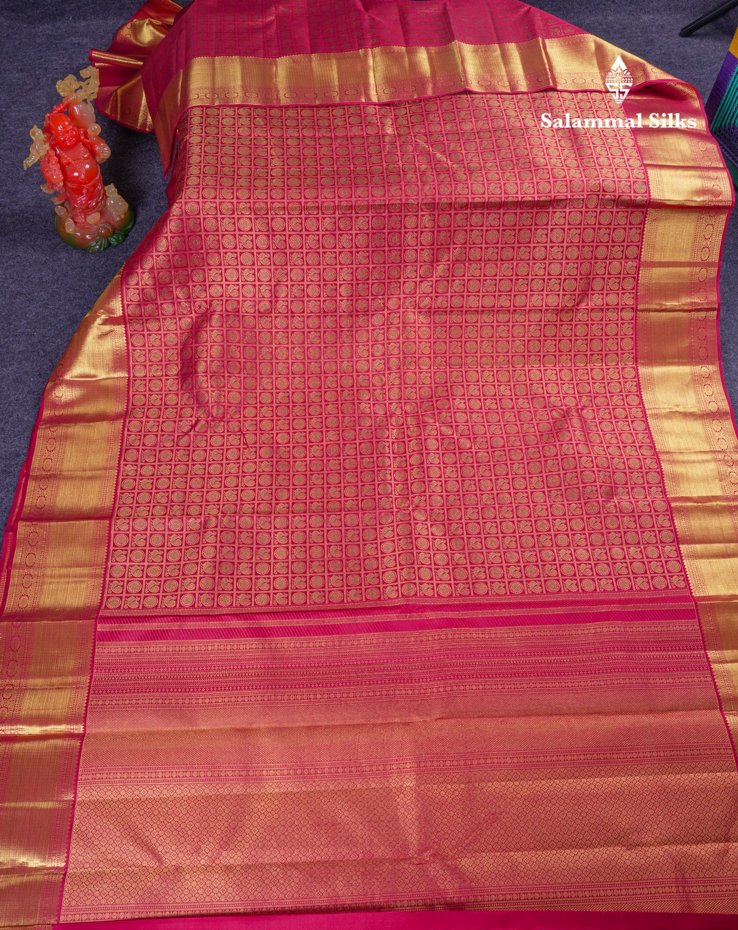 Beautiful Pinkish Maroon Mayil & Chakaram Checks Bridal Pure Kanjivaram Silk Saree With Traditional Border