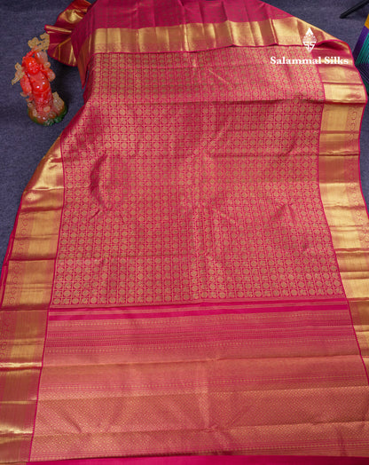 Beautiful Pinkish Maroon Mayil & Chakaram Checks Bridal Pure Kanjivaram Silk Saree With Traditional Border