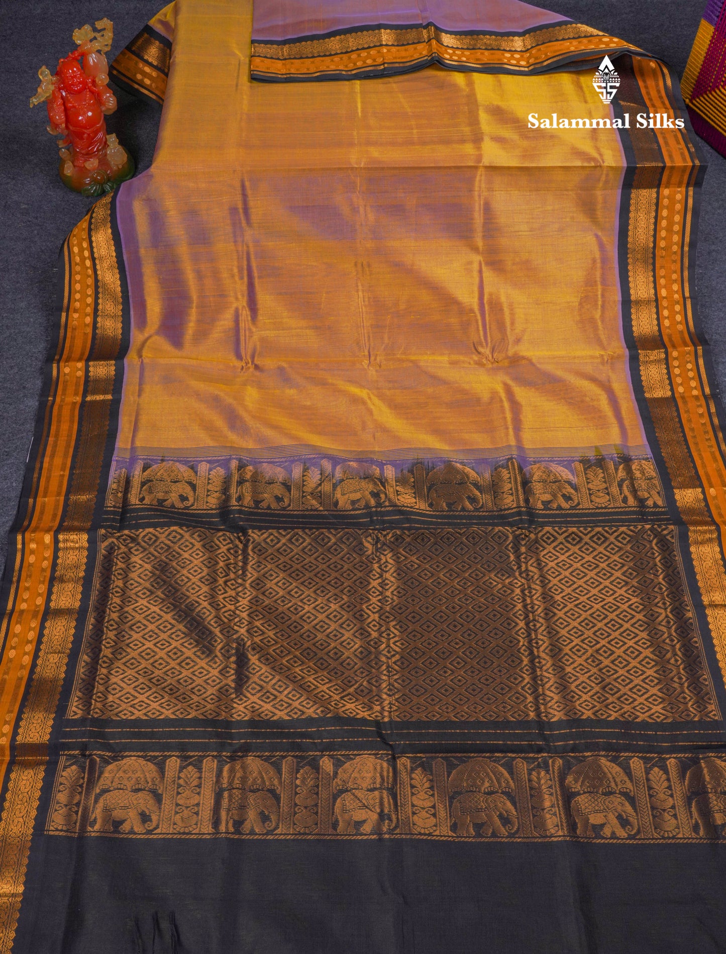 Dual Tone Sandal & Violet Pure Silk Cotton Saree With Contrast Black Traditional Border
