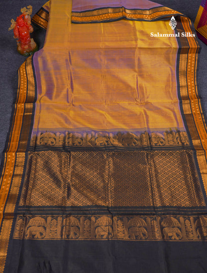 Dual Tone Sandal & Violet Pure Silk Cotton Saree With Contrast Black Traditional Border
