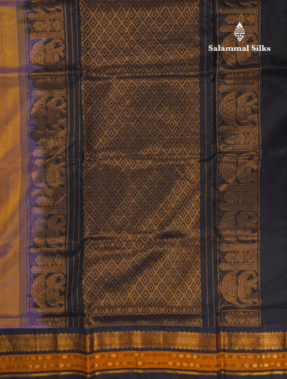 Dual Tone Sandal & Violet Pure Silk Cotton Saree With Contrast Black Traditional Border