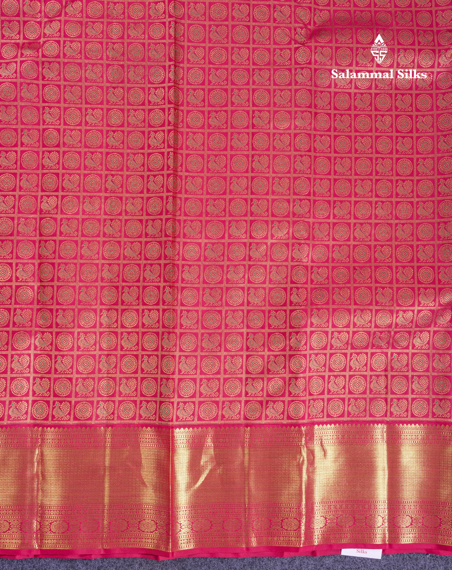 Beautiful Pinkish Maroon Mayil & Chakaram Checks Bridal Pure Kanjivaram Silk Saree With Traditional Border