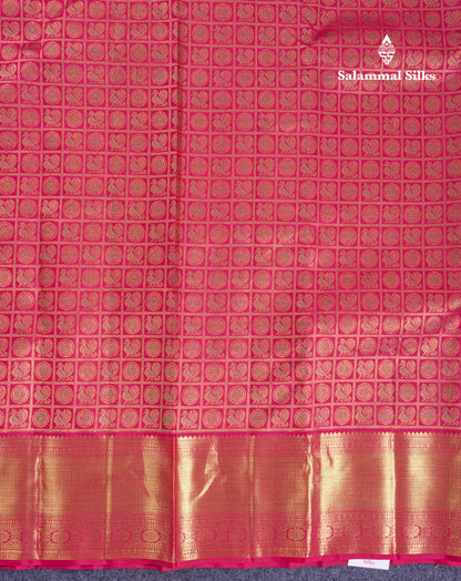 Beautiful Pinkish Maroon Mayil & Chakaram Checks Bridal Pure Kanjivaram Silk Saree With Traditional Border