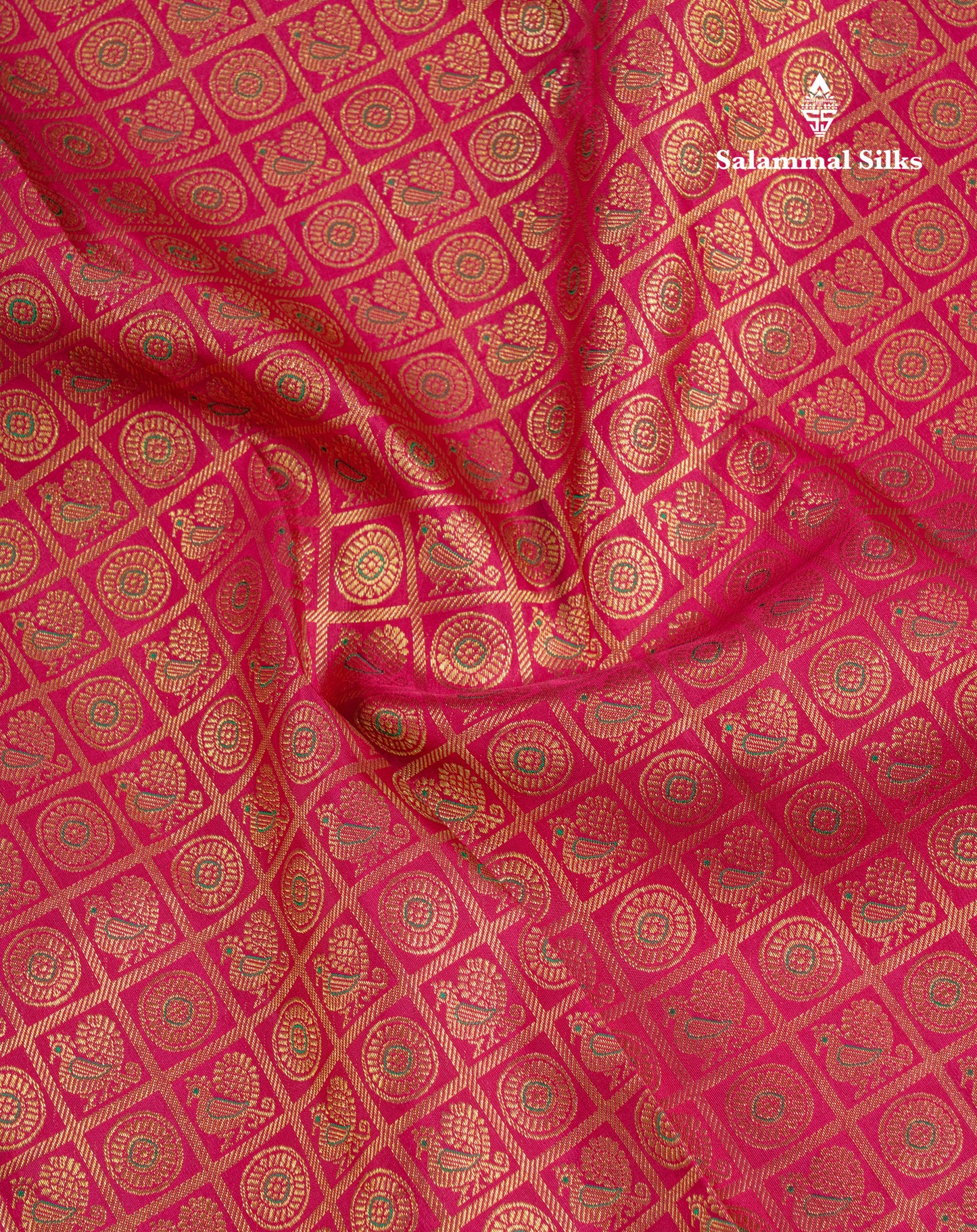 Beautiful Pinkish Maroon Mayil & Chakaram Checks Bridal Pure Kanjivaram Silk Saree With Traditional Border