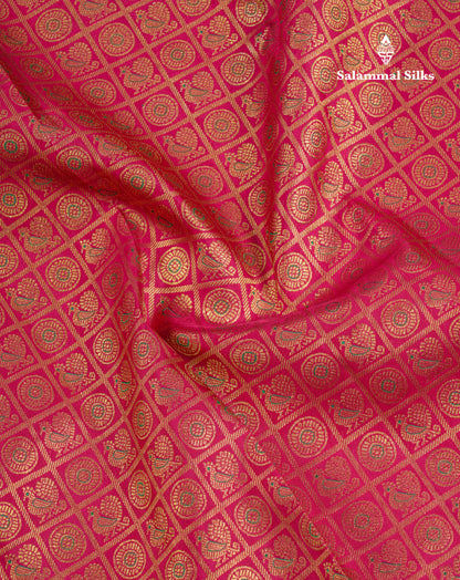 Beautiful Pinkish Maroon Mayil & Chakaram Checks Bridal Pure Kanjivaram Silk Saree With Traditional Border