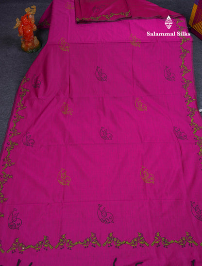 Magenta Pink South Cotton Printed Saree With Contrast Cream Green Blouse