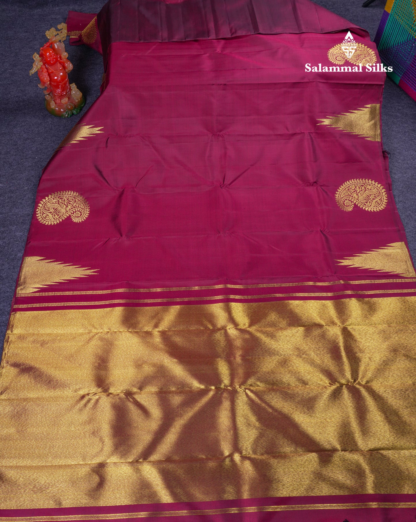 Beautiful Dark Maroon Pure Kanjivaram Silk Saree With 8 Kol Temple Border