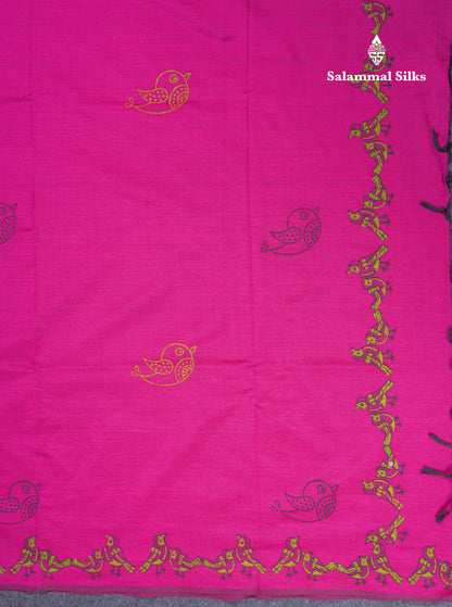 Magenta Pink South Cotton Printed Saree With Contrast Cream Green Blouse