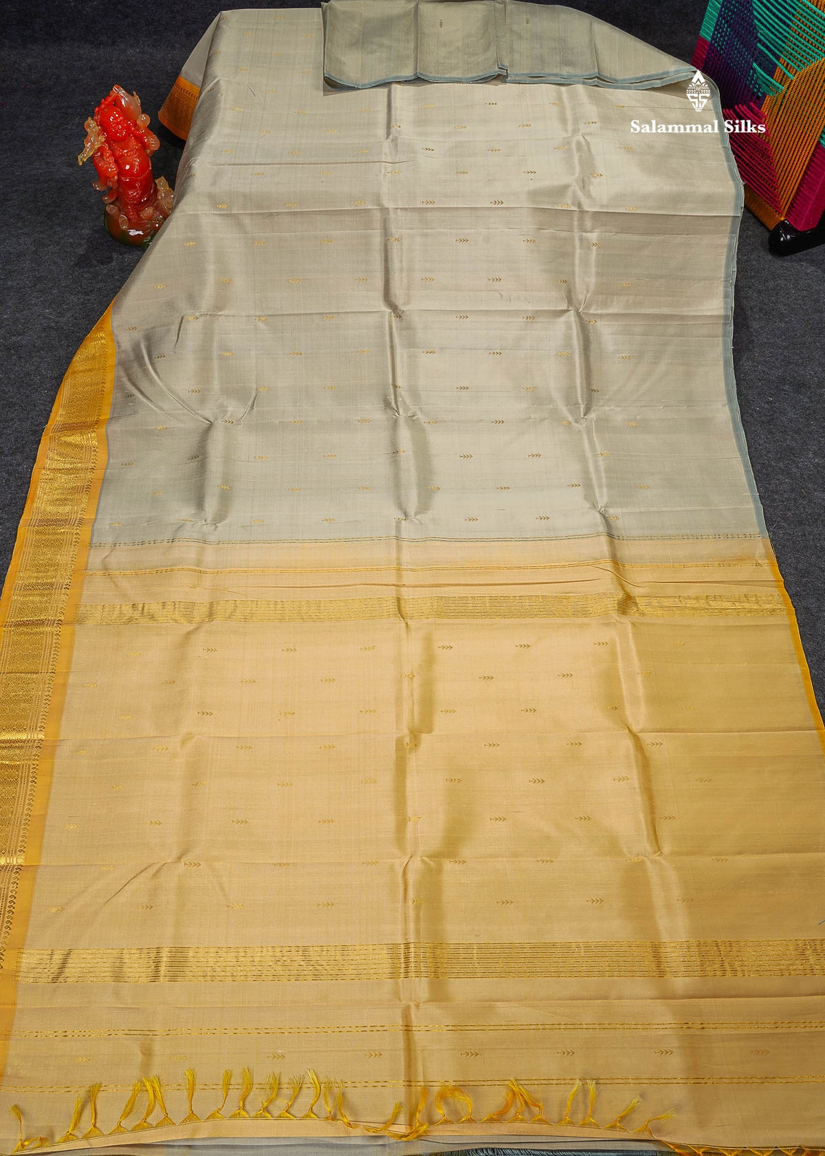 One Side Border Pure Silk Saree - Half White Colour Body Zari Butta With Turmeric Yellow Border