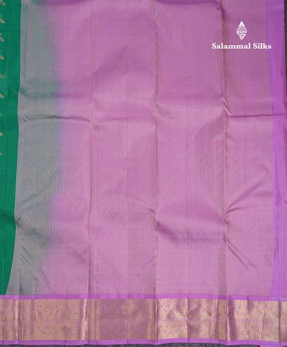 Beautiful Saffire Green Pure Kanjivaram Silk Saree With Contrast Lavender Traditional Border