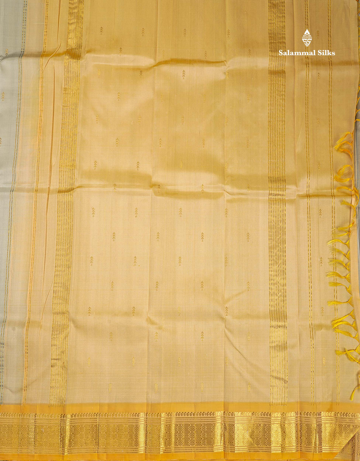 One Side Border Pure Silk Saree - Half White Colour Body Zari Butta With Turmeric Yellow Border