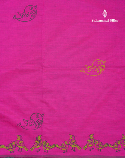 Magenta Pink South Cotton Printed Saree With Contrast Cream Green Blouse