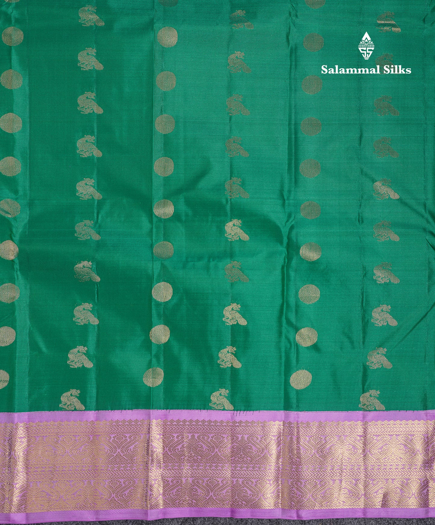 Beautiful Saffire Green Pure Kanjivaram Silk Saree With Contrast Lavender Traditional Border