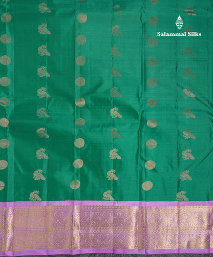 Beautiful Saffire Green Pure Kanjivaram Silk Saree With Contrast Lavender Traditional Border