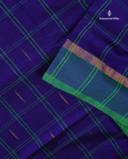 Semi Silk Cotton Saree - Navy Blue Colour Body Checks With Malli Moggu Butta
