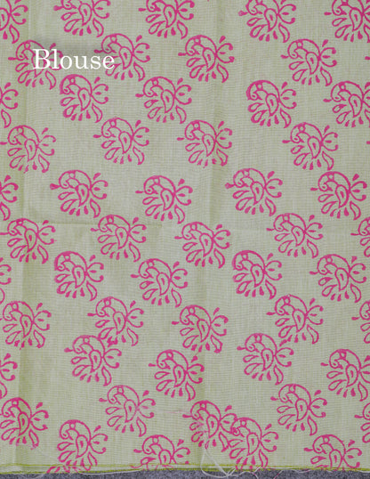Magenta Pink South Cotton Printed Saree With Contrast Cream Green Blouse