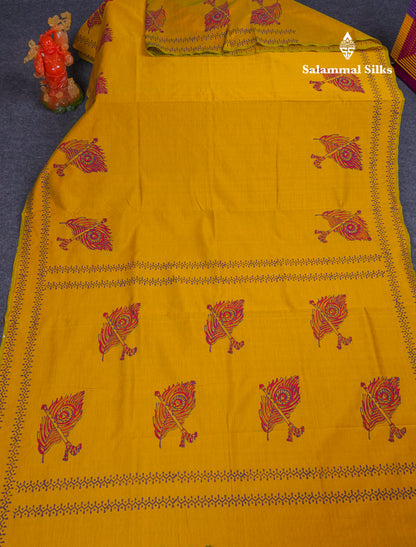 Mustard Yellow South Cotton Printed Saree With Contrast Dark Purple Blouse