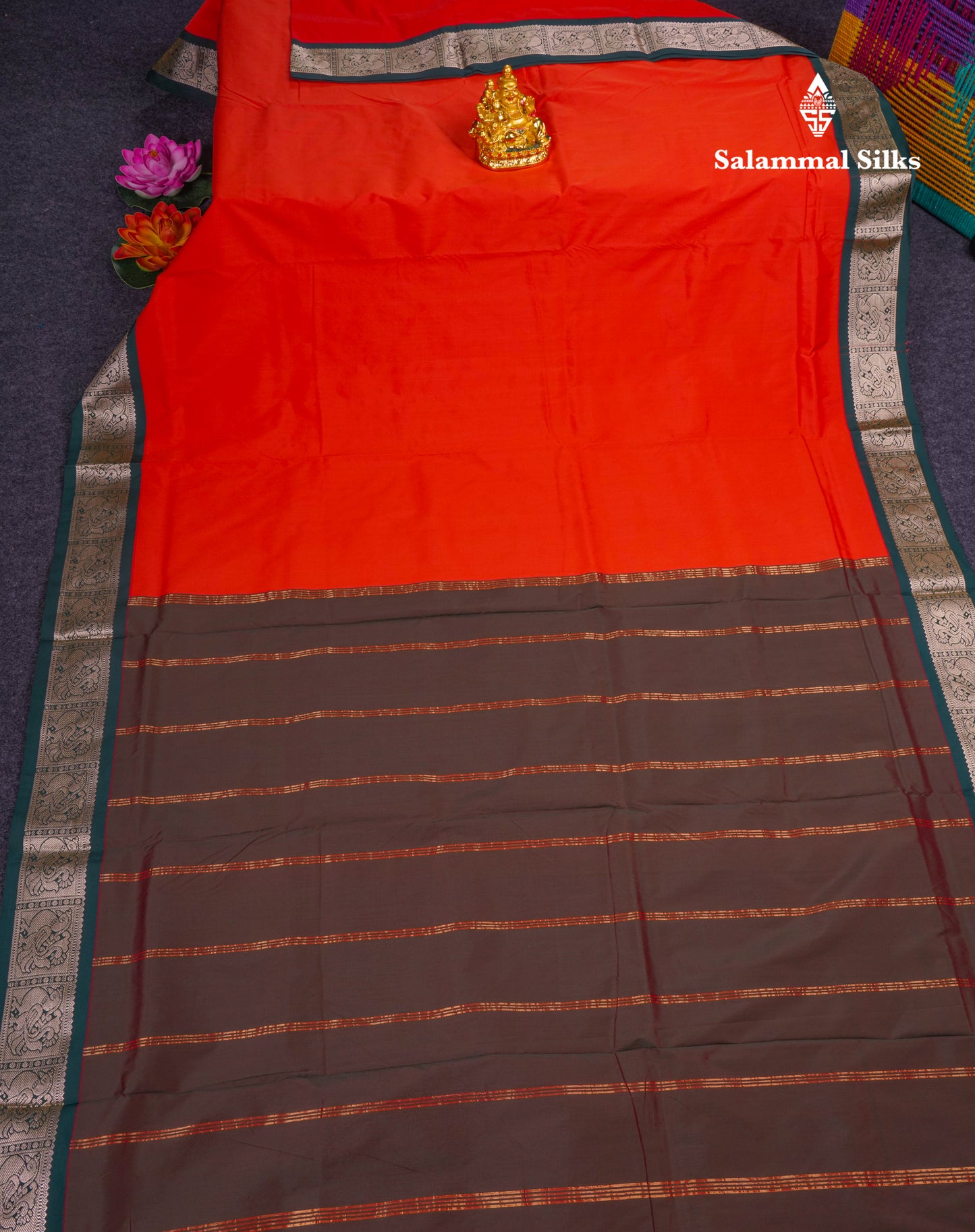 9 Yards Semi Silk Saree Reddish Orange with Contrast Bottle Green Border