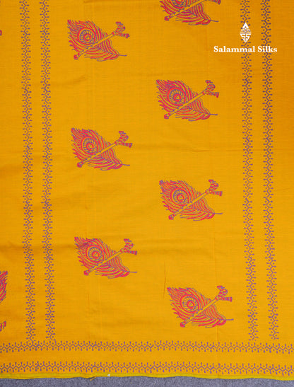 Mustard Yellow South Cotton Printed Saree With Contrast Dark Purple Blouse