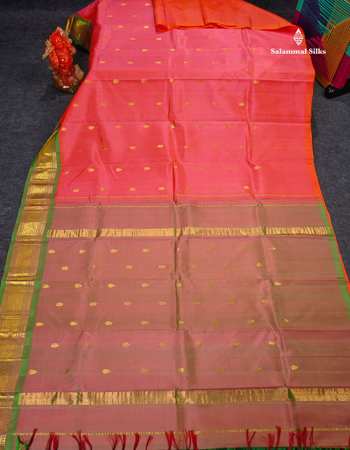 One Side Border Pure Silk Saree - Peach Colour Body Zari Butta With Contrast Green Border