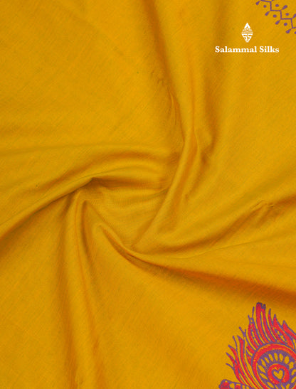 Mustard Yellow South Cotton Printed Saree With Contrast Dark Purple Blouse