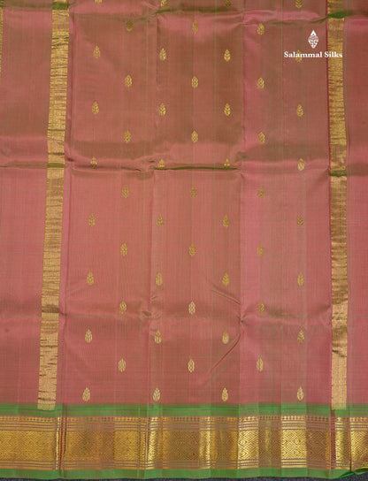 One Side Border Pure Silk Saree - Peach Colour Body Zari Butta With Contrast Green Border