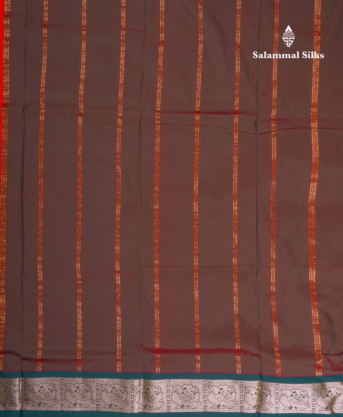 9 Yards Semi Silk Saree Reddish Orange with Contrast Bottle Green Border