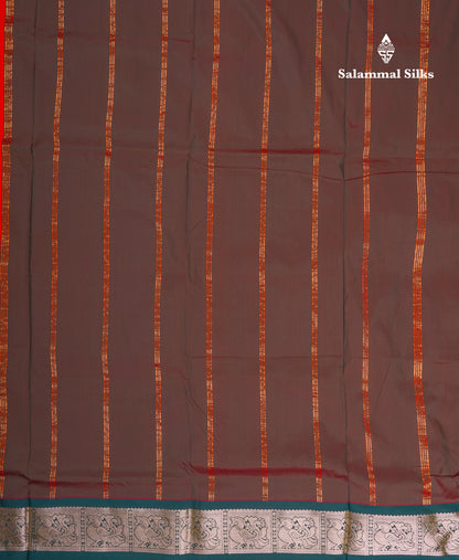 9 Yards Semi Silk Saree Reddish Orange with Contrast Bottle Green Border
