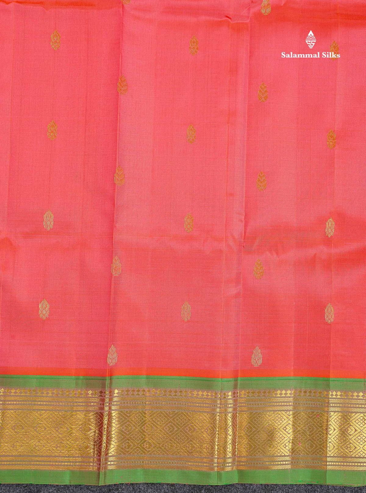 One Side Border Pure Silk Saree - Peach Colour Body Zari Butta With Contrast Green Border