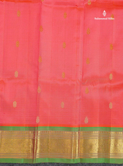 One Side Border Pure Silk Saree - Peach Colour Body Zari Butta With Contrast Green Border