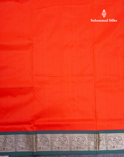 9 Yards Semi Silk Saree Reddish Orange with Contrast Bottle Green Border