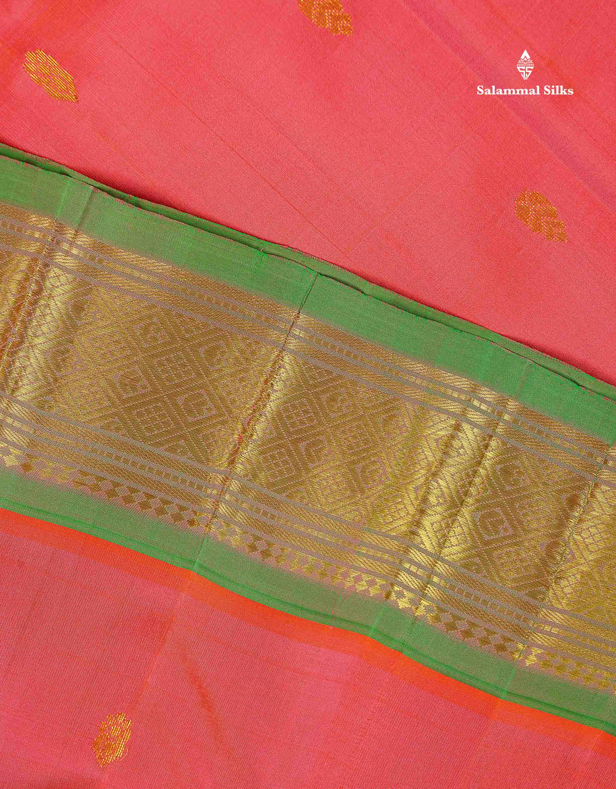 One Side Border Pure Silk Saree - Peach Colour Body Zari Butta With Contrast Green Border