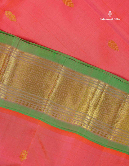 One Side Border Pure Silk Saree - Peach Colour Body Zari Butta With Contrast Green Border