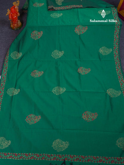 Saffire Green South Cotton Printed Saree With Contrast Cream Sandal Blouse
