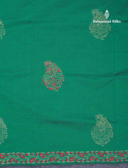 Saffire Green South Cotton Printed Saree With Contrast Cream Sandal Blouse
