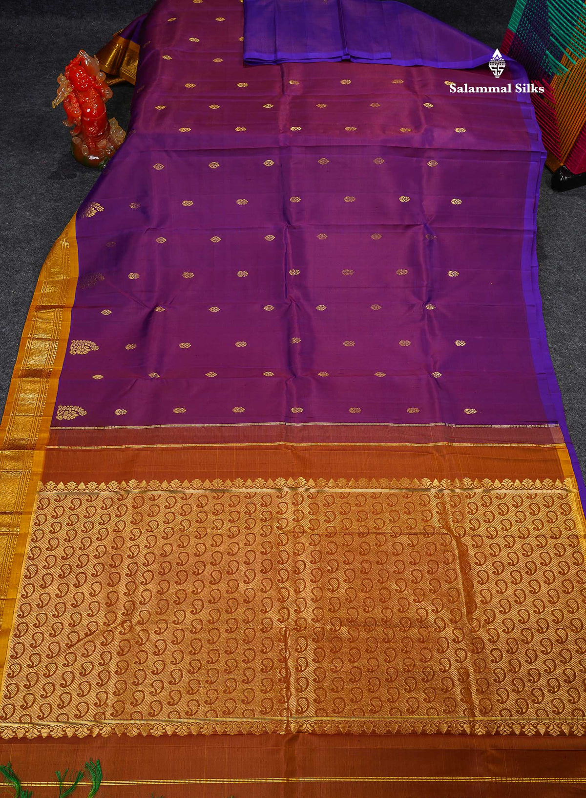 One Side Border Pure Silk Saree -Magenta Colour Body Zari Butta With Olive Mustard Yellow Border 