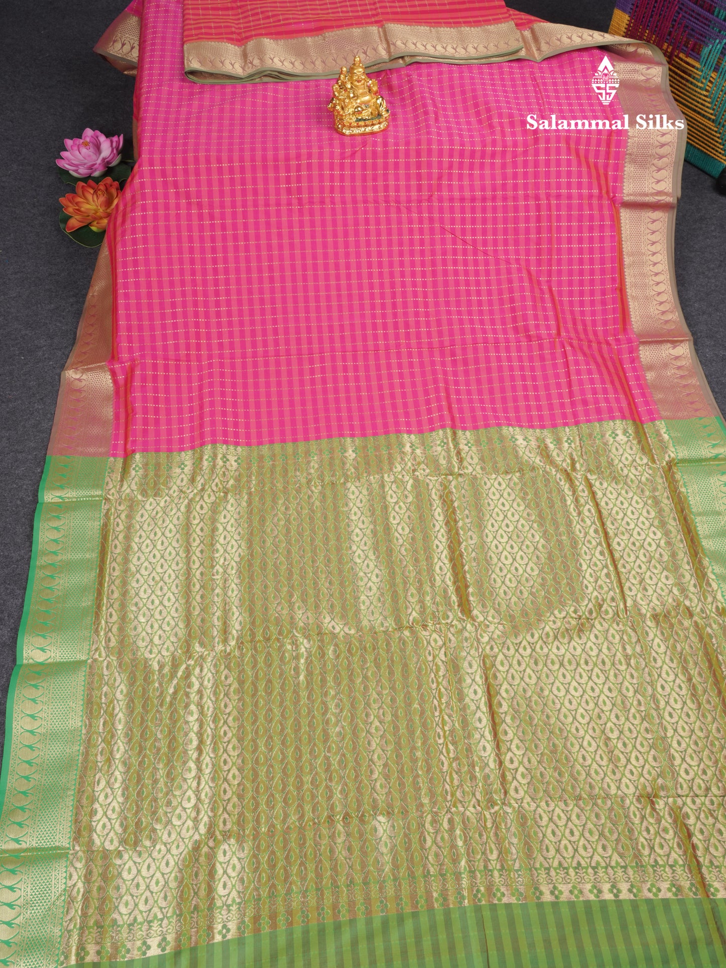 9 Yards Semi Silk Saree Pink & Light Pink with Light Green Border