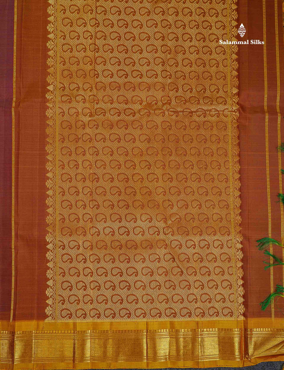 One Side Border Pure Silk Saree -Magenta Colour Body Zari Butta With Olive Mustard Yellow Border