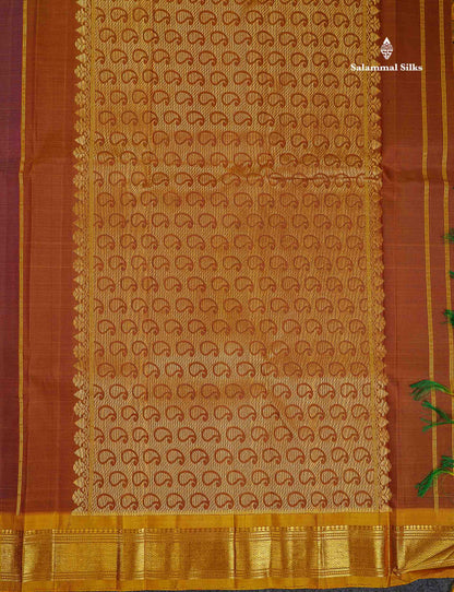 One Side Border Pure Silk Saree -Magenta Colour Body Zari Butta With Olive Mustard Yellow Border